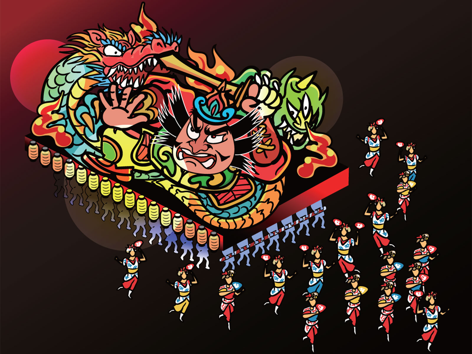 A brightly-coloured illustration of an Aomori Nebuta Festival float. A dragon sits atop the float, which is carried from below by many people. Dancer perform in front of the float. ©istockphoto.com by freehandz